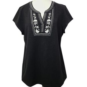 Talbots Black Embroidered V-Neck Blouse Women’s Size L Cap Sleeve Boho Top